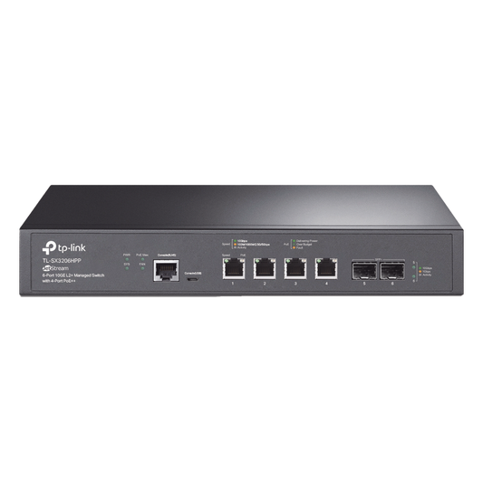 Switch L2+ PoE++ Omada 6 Puertos 10G / 4 Puertos 802.3 af/at/bt  Multi-Gigabit  1G, 2.5G, 5G, 10G / 2 Puertos SFP+ 10G / Multicast IGMP / Adminstración Centralizada Omada o Stand-Alone / Presupuesto PoE 200W / Montaje Rack-Escritorio