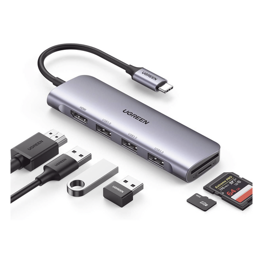 HUB USB-C (Docking Station) 6 en 1 | HDMI 4K@30Hz | 3 Puertos USB 3.0 | Lector Tarjeta SD + Micro SD (TF) Uso Simultáneo | Chip de Última Generación | Potente Disipación de Calor |  Caja de Aluminio.