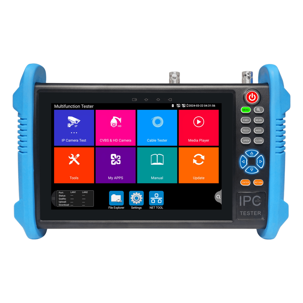 Tester de Video Profesional | Pantalla 7"|  Prueba IP/HD/Analógicas | TVI/CVI/AHD/CVBS | IP ONVIF | 4K/8K | H.264/H.265 | HDMI | PTZ | Scanner IP | TDR | Salidas 12V/24V/PoE | Activación Simultanea.