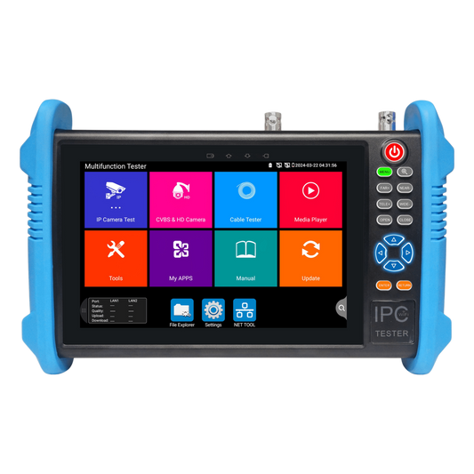 Tester de Video Profesional | Pantalla 7"|  Prueba IP/HD/Analógicas | TVI/CVI/AHD/CVBS | IP ONVIF | 4K/8K | H.264/H.265 | HDMI | PTZ | Scanner IP | TDR | Salidas 12V/24V/PoE | Activación Simultanea.