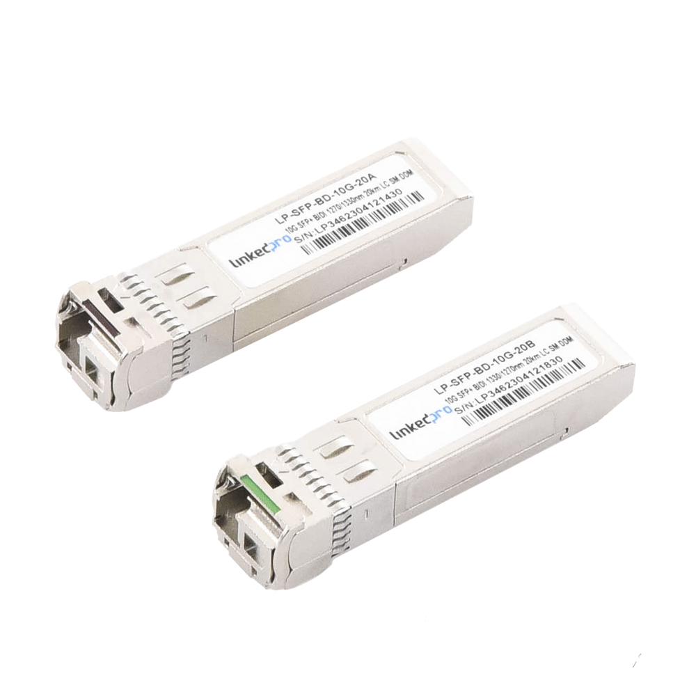 Transceptores Ópticos Bidireccionales SFP+ (Mini-Gbic) / Monomodo 1270 & 1330 nm / 10 Gbps / 1000BASE-BX / Conector LC/UPC Simplex / DDM / Hasta 20 km / 2 Piezas