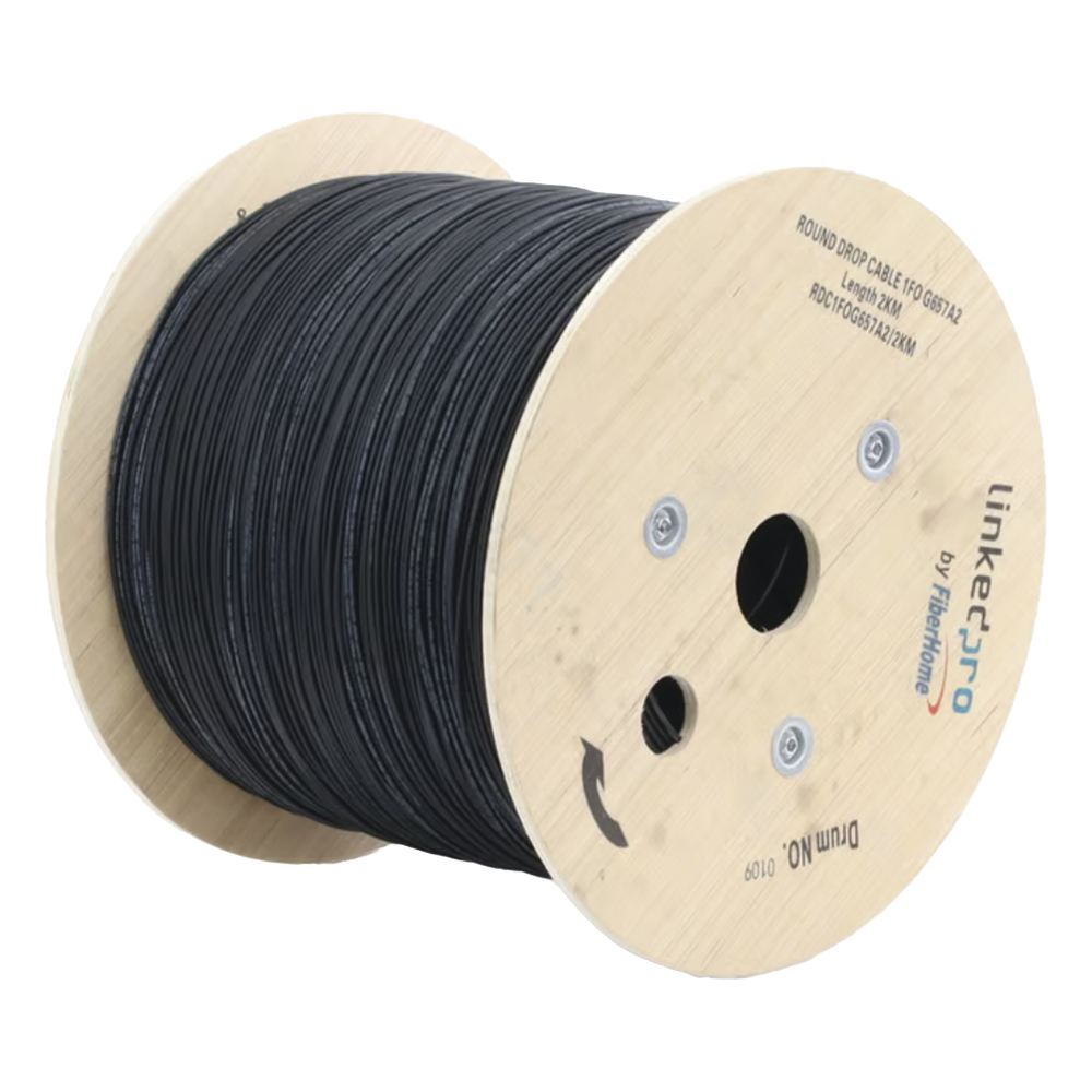 Carrete de 2 km de Fibra Óptica Aérea Tipo Drop Redonda (Figura 0) G.657A2, Monomodo, 1 Hilo, Forro de 3 mm