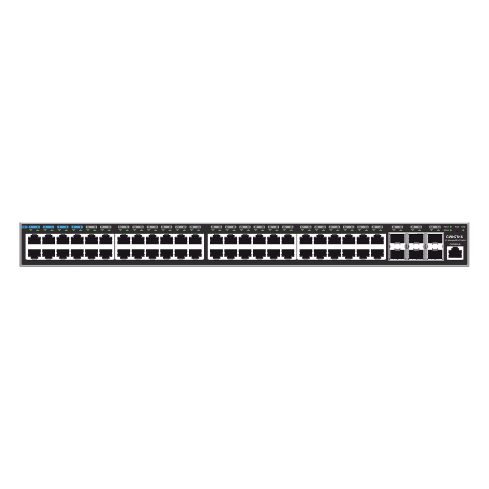 Switch Capa 3 Administrable / 48 puertos 10/100/1000 Mbps + 6 Puertos SFP+ de 10 Gigabits / Compatible con GWN Cloud.