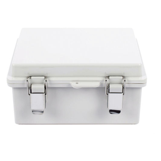 Gabinete de Plástico ABS, Uso en Intemperie IP66 (170 x 220 x 110 mm) Cierre por broche Inoxidable y Permite Cerrado con Candado y Llave (Perno 5mm) No Incluido