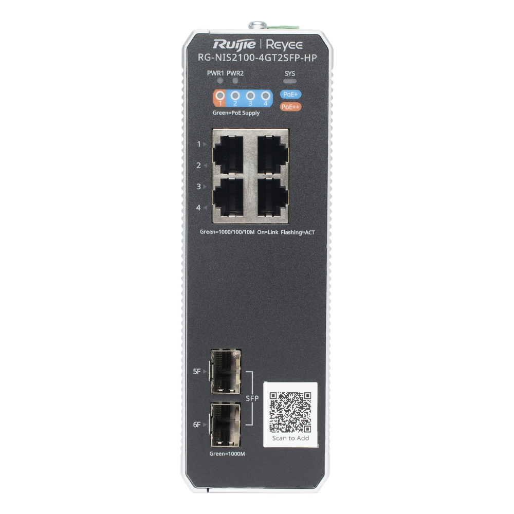 Switch Industrial PoE+ hasta 180 watts , Ideal para temperaturas Extremas y protección contra descargas, 1 puerto PoE++ 60W y 3 puertos PoE+ 30W, 2 SFP Uplink