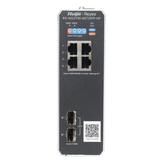 Switch Industrial PoE+ hasta 180 watts , Ideal para temperaturas Extremas y protección contra descargas, 1 puerto PoE++ 60W y 3 puertos PoE+ 30W, 2 SFP Uplink