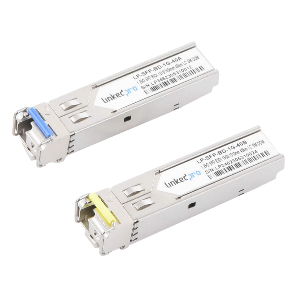 Transceptores Ópticos Bidireccionales SFP (Mini-Gbic) / Monomodo 1310 & 1550 nm / 1.25 Gbps / 1000BASE-BX / Conector LC/UPC Simplex / DDM / Hasta 40 km / 2 Piezas