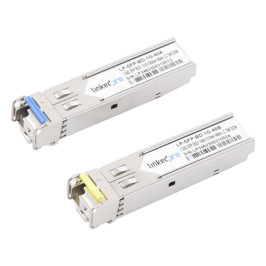 Transceptores Ópticos Bidireccionales SFP (Mini-Gbic) / Monomodo 1310 & 1550 nm / 1.25 Gbps / 1000BASE-BX / Conector LC/UPC Simplex / DDM / Hasta 40 km / 2 Piezas