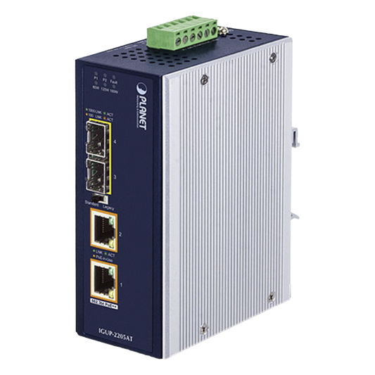 Convertidor de Medios Industrial de 2 Puertos SFP 100/1000X a 2 Puertos RJ45 10/100/1000T 802.3bt PoE++
