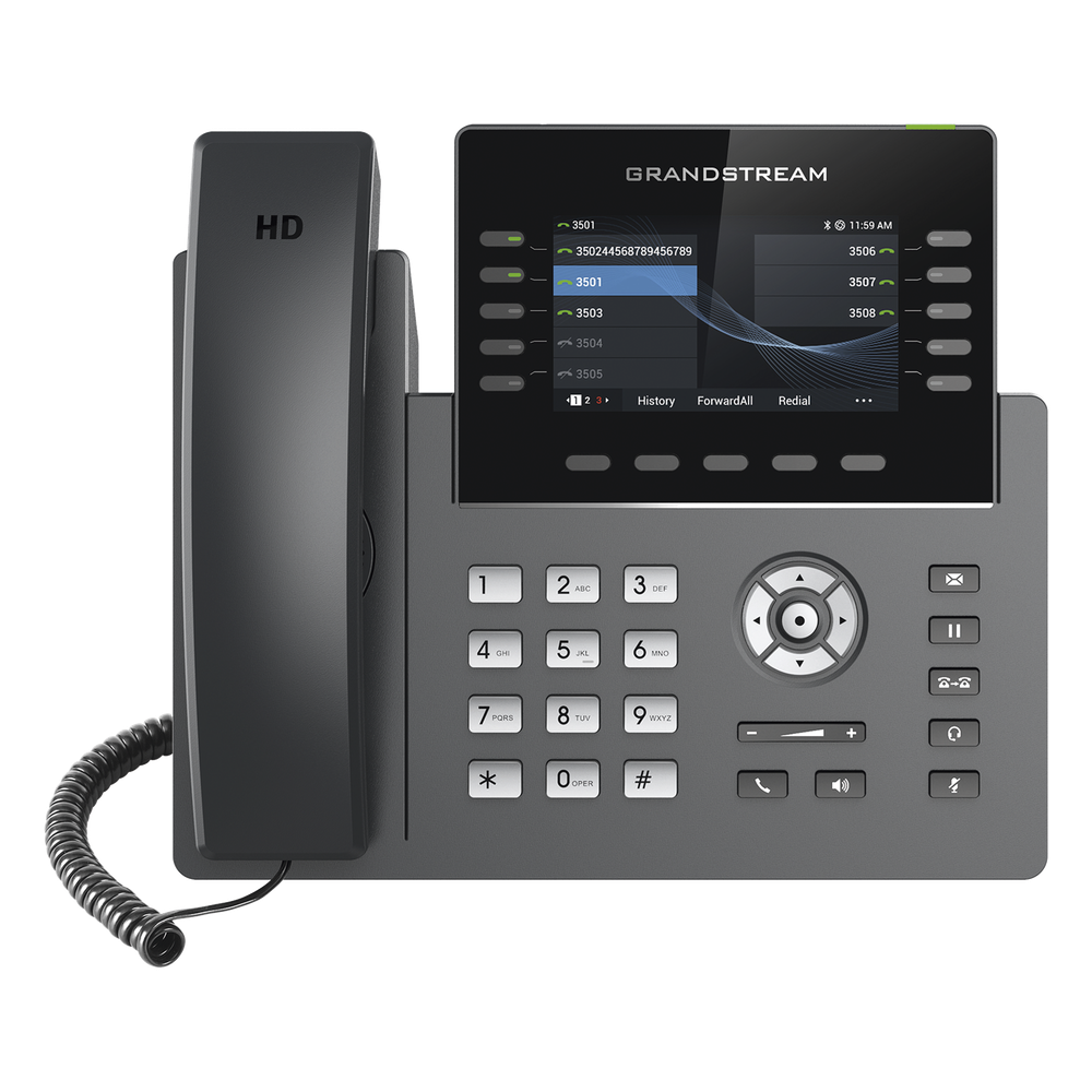 Teléfono IP Wi-Fi, Grado Operador, 10 líneas SIP con 5 cuentas, pantalla a color 4.3", puertos Gigabit, Bluetooth, PoE, codec Opus, IPV4/IPV6 con gestión en la nube GDMS