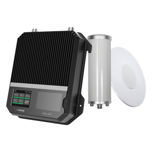 Kit Amplificador Office 200 para 2G, 3G y 4G / Mejora llamadas convencionales y VoLTE / Amplifica señal de TELCEL, AT&T y MOVISTAR / Cubre hasta 400 m² con una antena y hasta 1600 m² con 4 antenas.