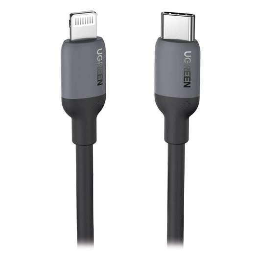 Cable USB-C a Lightning / Certificado MFi / 1 Metro / Adecuado para iPhone, iPad, iPod / Carga Rápida PD 20W /  Sincronización de Datos de hasta 480 Mbps / Goma de Silicona y  TPE. / Suave al Tacto / Color Negro