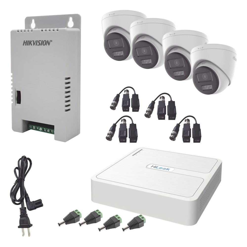 Kit HiLook Audio Bidireccional TurboHD 1080p / DVR 4 Canales / 4 Cámaras Eyeball (Exterior) con Bocina y Microfóno Integrado / 1 Fuente de Poder / Accesorios