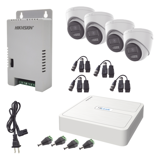 Kit HiLook Audio Bidireccional TurboHD 1080p / DVR 4 Canales / 4 Cámaras Eyeball (Exterior) con Bocina y Microfóno Integrado / 1 Fuente de Poder / Accesorios