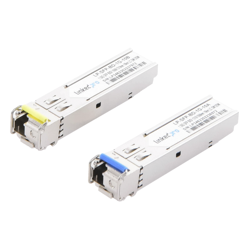 Transceptores Ópticos Bidireccionales SFP (Mini-Gbic) / Monomodo 1310 & 1550 nm / 1.25 Gbps / 1000BASE-BX / Conector LC/UPC Simplex / DDM / Hasta 10 km / 2 Piezas