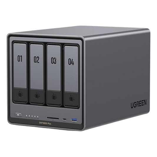 NAS UGREEN NASync DXP4800 Plus / Procesador Intel Pentium Gold 8505 5 Núcleos / 4 Bahías SATA + 2 M.2 NVMe PCIe 4.0 / 8GB DDR5 Expandible a 64GB / 10GbE + 2.5GbE / USB 3.2 Gen 2 Tipo C / HDMI 4K / Sistema Almacenamiento Conectado Red