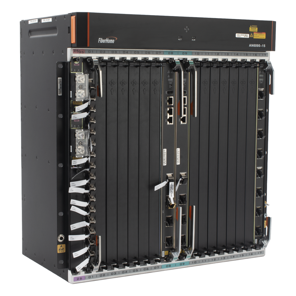 OLT Carrier Class Modular GPON, 14 Ranuras de Servicio, Incluye 1 Tarjeta de Servicio, Doble fuente -48Vcc, 11 UR, Gestión por UNM2000, CLI, Incluye Instalación de software UNM2000, (Interoperabilidad con ONUs de Terceros sin Costo)