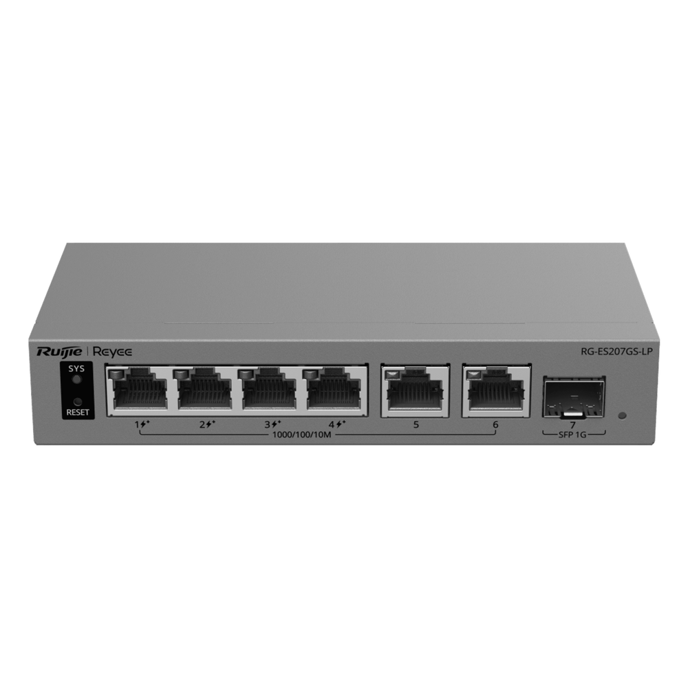 Switch Gigabit Smart Cloud Managed PoE+ / 7 Puertos (4 PoE+ 40 W) / 1 SFP Gigabit / Capa 2 / Gestión Cloud / Modo CCTV / Protección 6 kV / Fanless / Gabinete Metálico