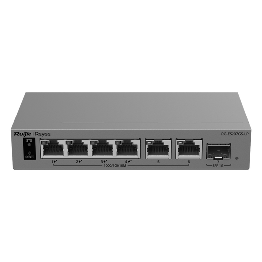 Switch Gigabit Smart Cloud Managed PoE+ / 7 Puertos (4 PoE+ 40 W) / 1 SFP Gigabit / Capa 2 / Gestión Cloud / Modo CCTV / Protección 6 kV / Fanless / Gabinete Metálico