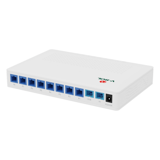 Splitter Activo 1x8 para Alimentación de 8 Dispositivos POF, 1 Puerto de cascadeo para continuidad, puertos SC/UPC