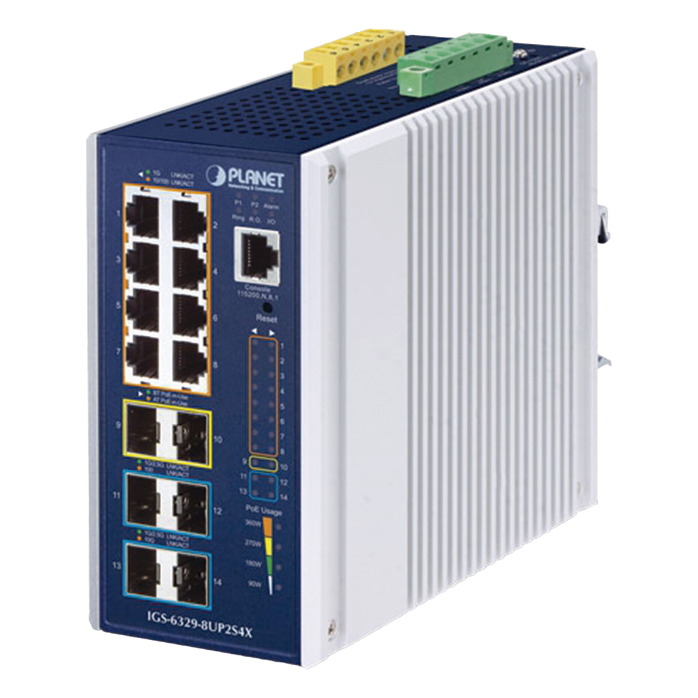 Switch Industrial Capa 3 de 8 Puertos 10/100/1000T PoE 802.3bt, 2 Puertos SFP 1 G/2.5 G, 4 Puertos SFP 10G, Instalación en Pared o Puerto DIN.