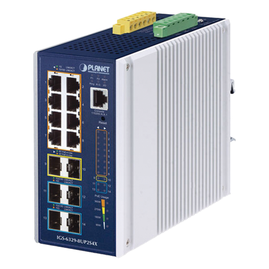Switch Industrial Capa 3 de 8 Puertos 10/100/1000T PoE 802.3bt, 2 Puertos SFP 1 G/2.5 G, 4 Puertos SFP 10G, Instalación en Pared o Puerto DIN.