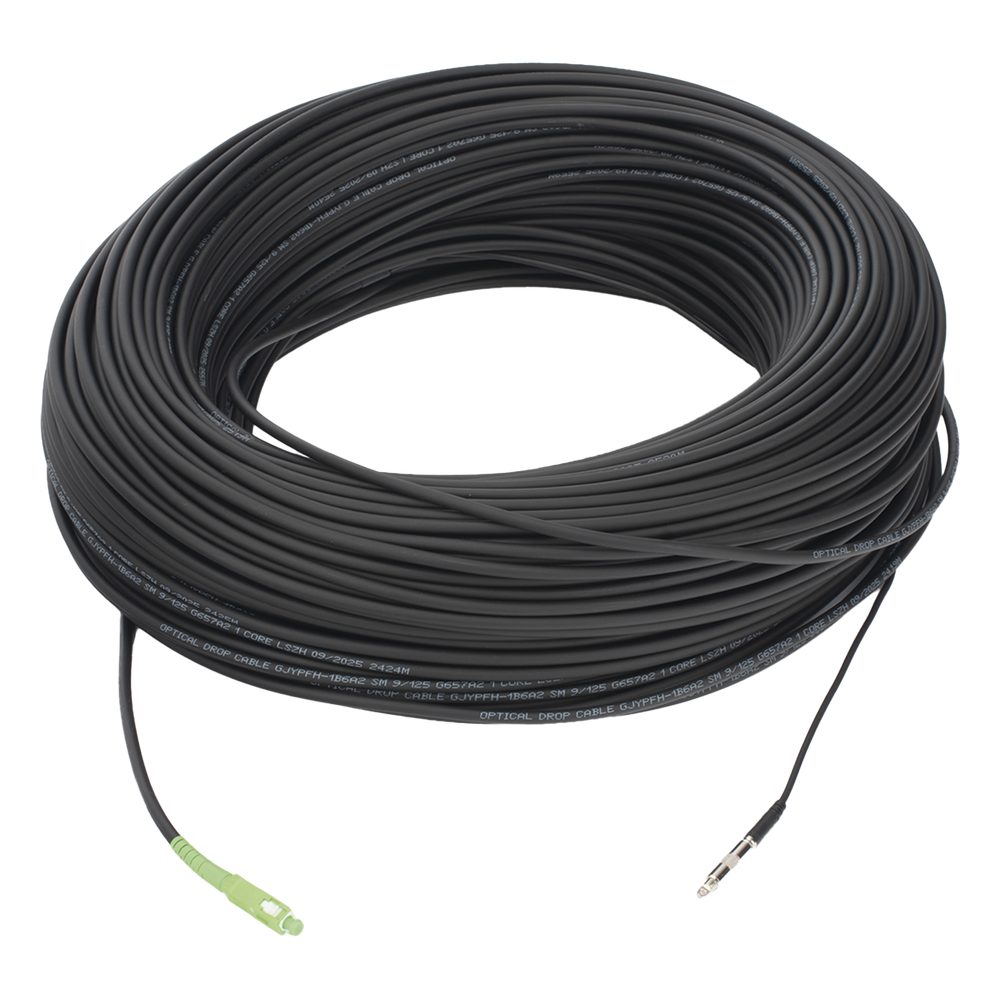 Rollo de Fibra Óptica Drop Redonda G657A2 Monomodo Simplex de 200 Metros con Conectores SC/APC-SC/APC para Instalaciones Aéreas, Subterráneas o a la Intemperie