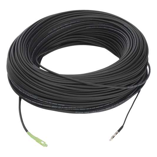 Rollo de Fibra Óptica Drop Redonda G657A2 Monomodo Simplex de 200 Metros con Conectores SC/APC-SC/APC para Instalaciones Aéreas, Subterráneas o a la Intemperie