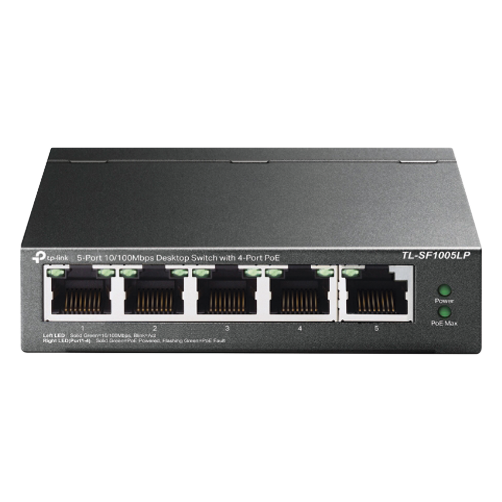 Switch PoE No Administrable de Escritorio / 5 puertos 10/100 Mbps / 4 puertos PoE af / Presupuesto 41 W / Modo extensor PoE hasta 250 metros / Calidad video prioritaria