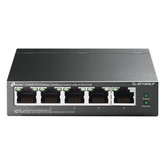 Switch PoE No Administrable de Escritorio / 5 puertos 10/100 Mbps / 4 puertos PoE af / Presupuesto 41 W / Modo extensor PoE hasta 250 metros / Calidad video prioritaria