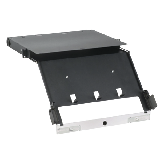 Panel de Distribución de Fibra Óptica, Acepta 4 Placas FAP o FMP, Bandeja Deslizable e Inclinable Hacia Abajo, Hasta 96 Fibras, Color Negro, 1UR