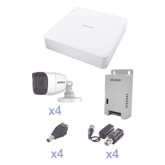 KIT TurboHD con Audio 1080p / DVR 4 Canales / 4 Cámaras Bala (exterior 2.8 mm) / Transceptores / Conectores / Fuente de Poder / AUDIO POR COAXITRON