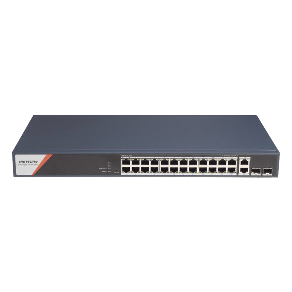 Switch Gigabit PoE+ / Industrial / Administrable / 24 Puertos 1000 Mbps PoE+ (4 Puertos PoE++ 90 W) / 2 Puertos 1000 Mbps de Uplink / 2 Puertos SFP / Configuración Nube Hik-PartnerPro / Modo Extendido hasta 300 Metros / 370 W