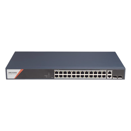 Switch Gigabit PoE+ / Industrial / Administrable / 24 Puertos 1000 Mbps PoE+ (4 Puertos PoE++ 90 W) / 2 Puertos 1000 Mbps de Uplink / 2 Puertos SFP / Configuración Nube Hik-PartnerPro / Modo Extendido hasta 300 Metros / 370 W