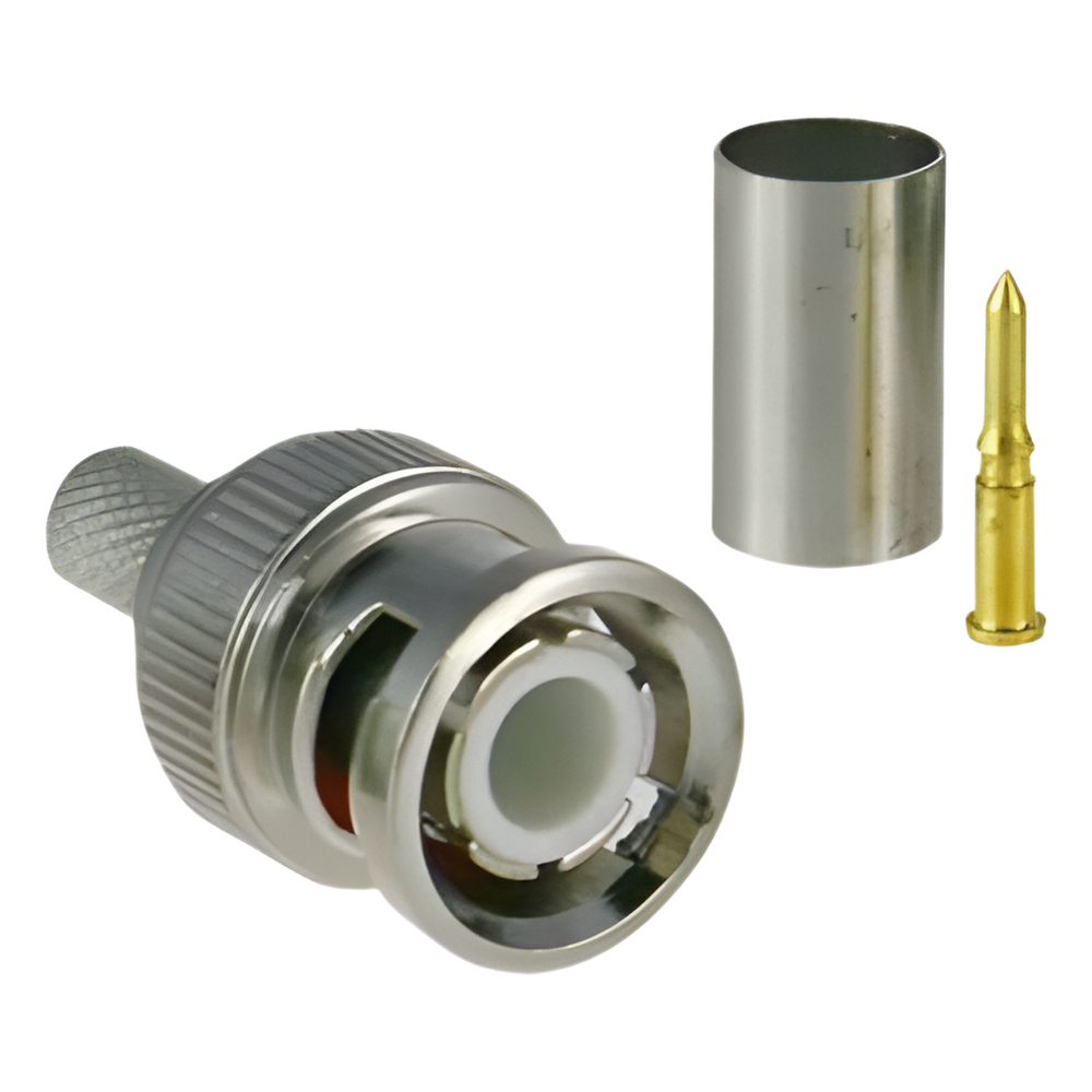 Conector BNC macho para 75 Ohm, de 3 piezas en línea, anillo plegable para cable RG-59/U en aplicación de CCTV, Níquel/ Oro/ Teflón.