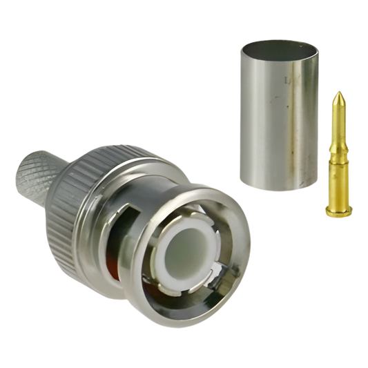 Conector BNC macho para 75 Ohm, de 3 piezas en línea, anillo plegable para cable RG-59/U en aplicación de CCTV, Níquel/ Oro/ Teflón.