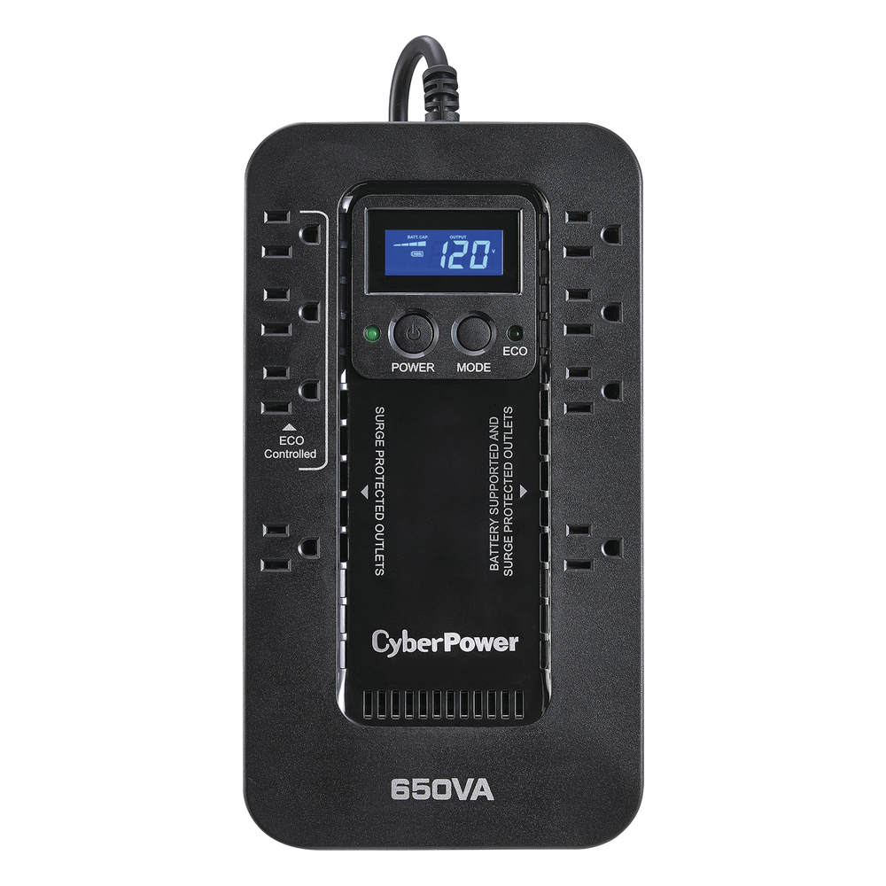 UPS de 650 VA/390 W, Topología Standby con Modo Ahorrador ECO, Entrada 120 Vca NEMA 5-15P, Con 8 Tomas NEMA 5-15R