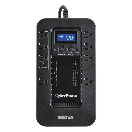 UPS de 650 VA/390 W, Topología Standby con Modo Ahorrador ECO, Entrada 120 Vca NEMA 5-15P, Con 8 Tomas NEMA 5-15R