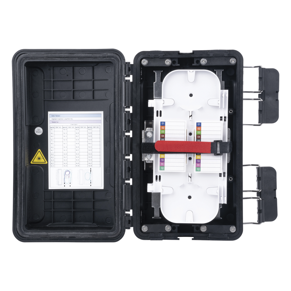 Caja de Distribución de Fibra Óptica, Hasta 96 Empalmes, Exterior IP65, Color Negro
