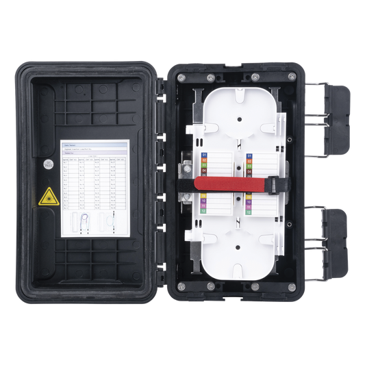 Caja de Distribución de Fibra Óptica, Hasta 96 Empalmes, Exterior IP65, Color Negro
