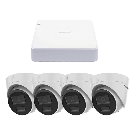 Kit IP 1080p (2 Megapixel) / NVR de 4 Canales con 4 Puertos PoE / 4 Cámaras IP Turret con Micrófono Integrado / ColorVu y ACUSENSE Lite