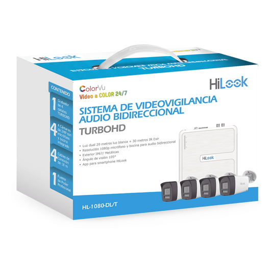 Kit TurboHD 1080p / DVR 4 canales / 4 Cámaras Bala de Policarbonato / Audio Bidireccional / Dual Light (IR + Luz Blanca) / H.265+ / 1 Fuente de Poder Profesional / Accesorios de Instalación
