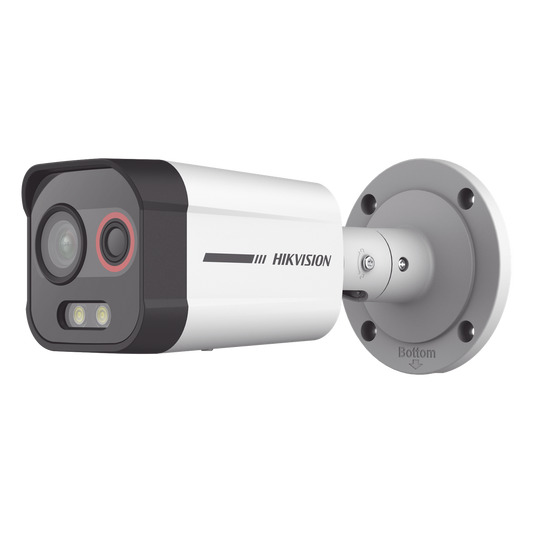 Cámara Bala IP Térmica y Óptica Biespectral / Análisis de Video (VCA) para Protección Perimetral / Clasifica Vehículo/Humano / Térmica 96 x 72 / Óptica 4 MP ColorVu / IP67 / Audio y Alarma Visual