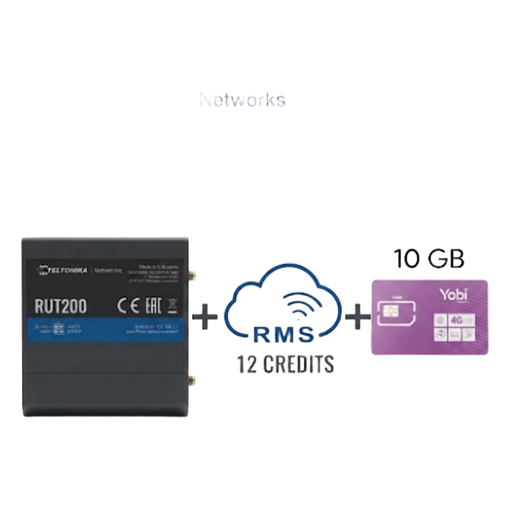Router Teltonika LTE/4G RUT200 + 12 creditos RMS  + SIM de YOBI de 10GB por Mes durante un año de servicio (solo datos)