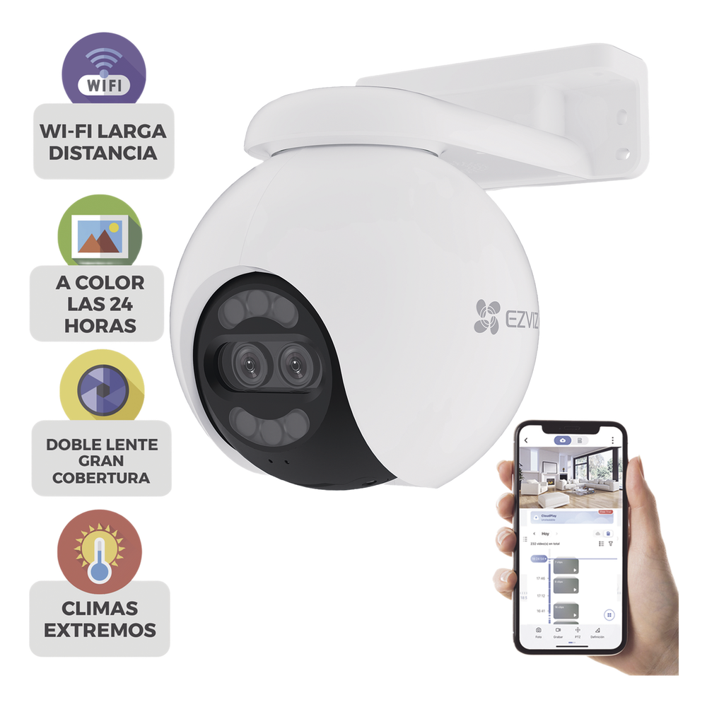 Cámara PT / Wi-Fi / Lente Dual / Panorámica 360° / Resolución 4K / Visión Nocturna ColorFULL  / IA Detección de Humanos y Vehiculos / Alarma con Sirena y Luz / IP65