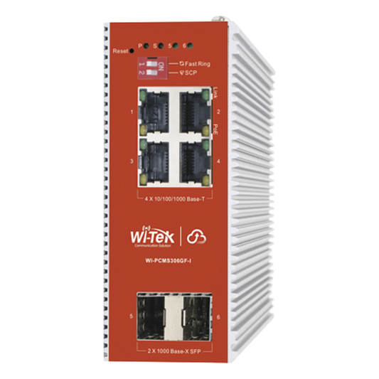 Switch L2+ PoE Industrial / Administración Cloud-Web-CLI / 4 Puertos PoE af/at 100/1000 Mbps / 2 Puertos SFP Gigabit / Presupuesto PoE 120 W / Protocolo ERPS (redundancia enlaces)