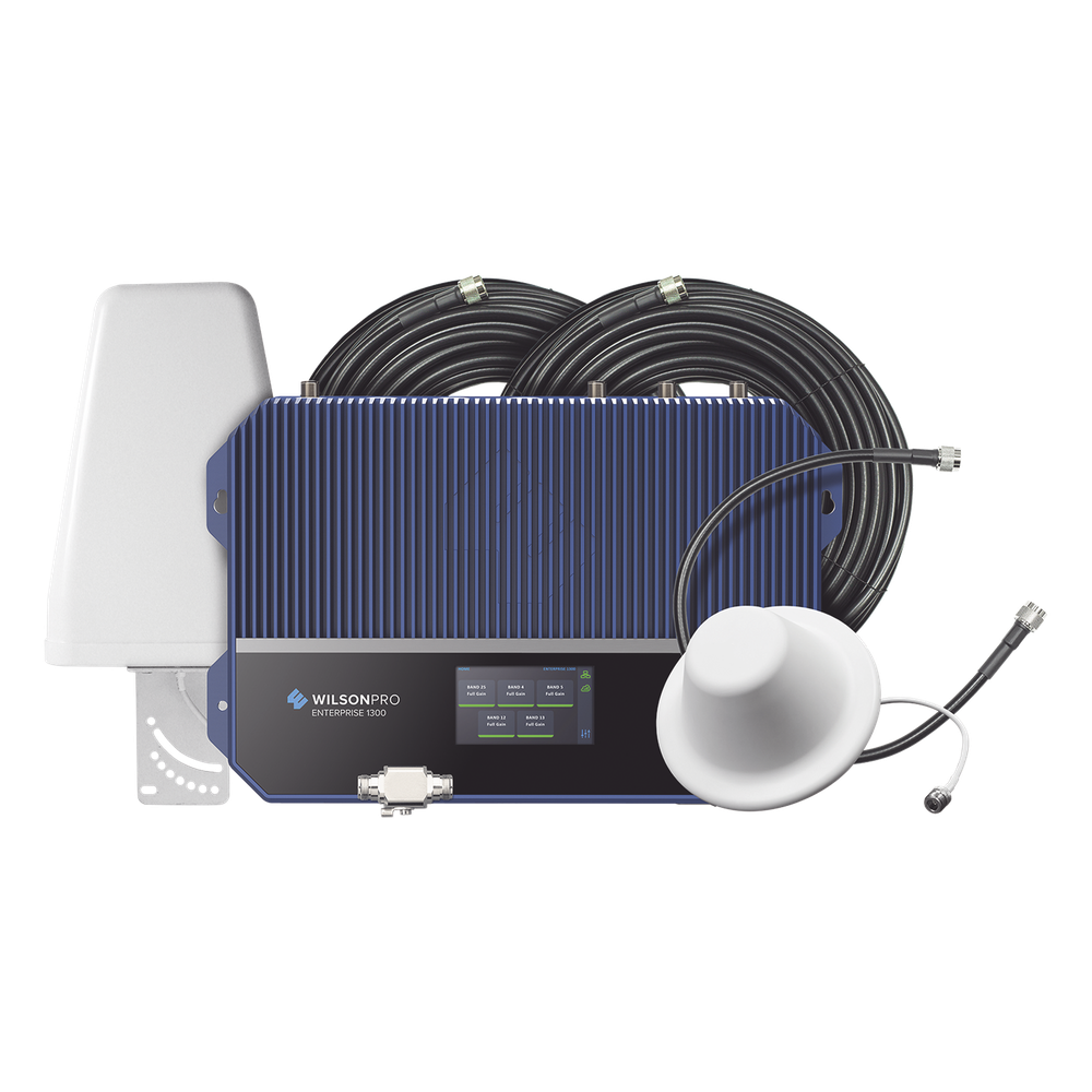 KIT Amplificador de señal celular 4G LTE, 3G y Voz. Especial para áreas comerciales que reciben la señal de múltiples torres. Cubre áreas de hasta 3716 metros cuadrados.