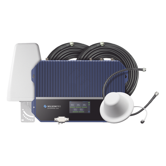 KIT Amplificador de señal celular 4G LTE, 3G y Voz. Especial para áreas comerciales que reciben la señal de múltiples torres. Cubre áreas de hasta 3716 metros cuadrados.
