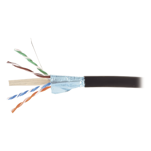 Bobina de Cable Blindado F/UTP de 4 Pares, Para Exterior con Gel, Cat6A (23 AWG), Industrial para Climas Extremos, Enterrado Directo, Color Negro, 305 Metros (1000 Pies)