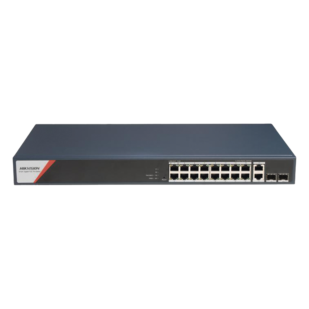 Switch Gigabit PoE+ / Administrable / 16 Puertos 1000 Mbps PoE+ (4 Puertos PoE++ 90 W) / 2 Puertos 1000 Mbps de Uplink / 2 Puertos SFP / Configuración Nube Hik-PartnerPro / Modo Extendido hasta 300 Metros / 230 W